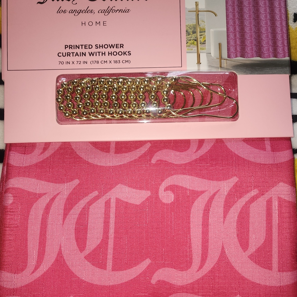Printed Shower Curtain with Hooks - Pink